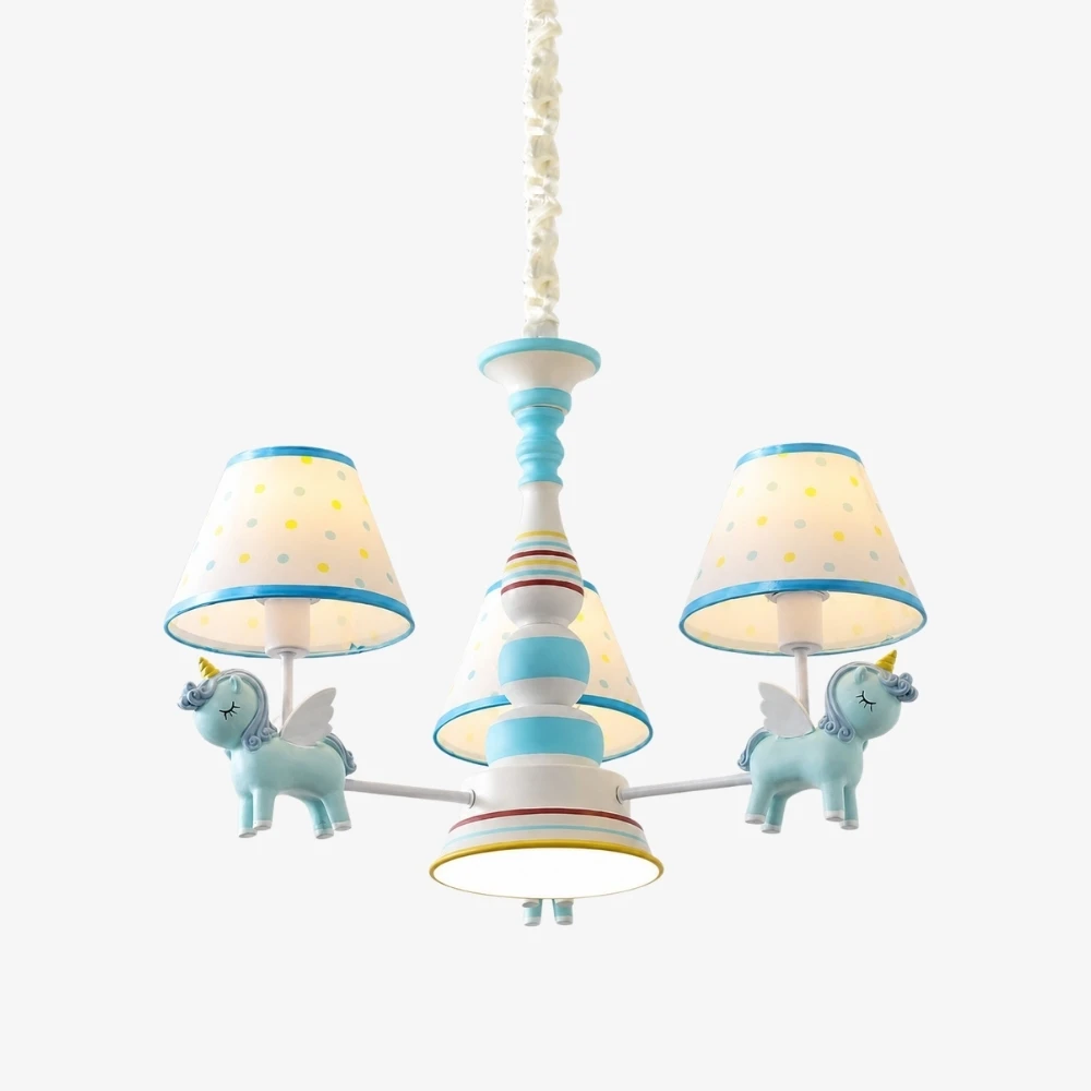 Blue kids room chandelier with three fabric shades