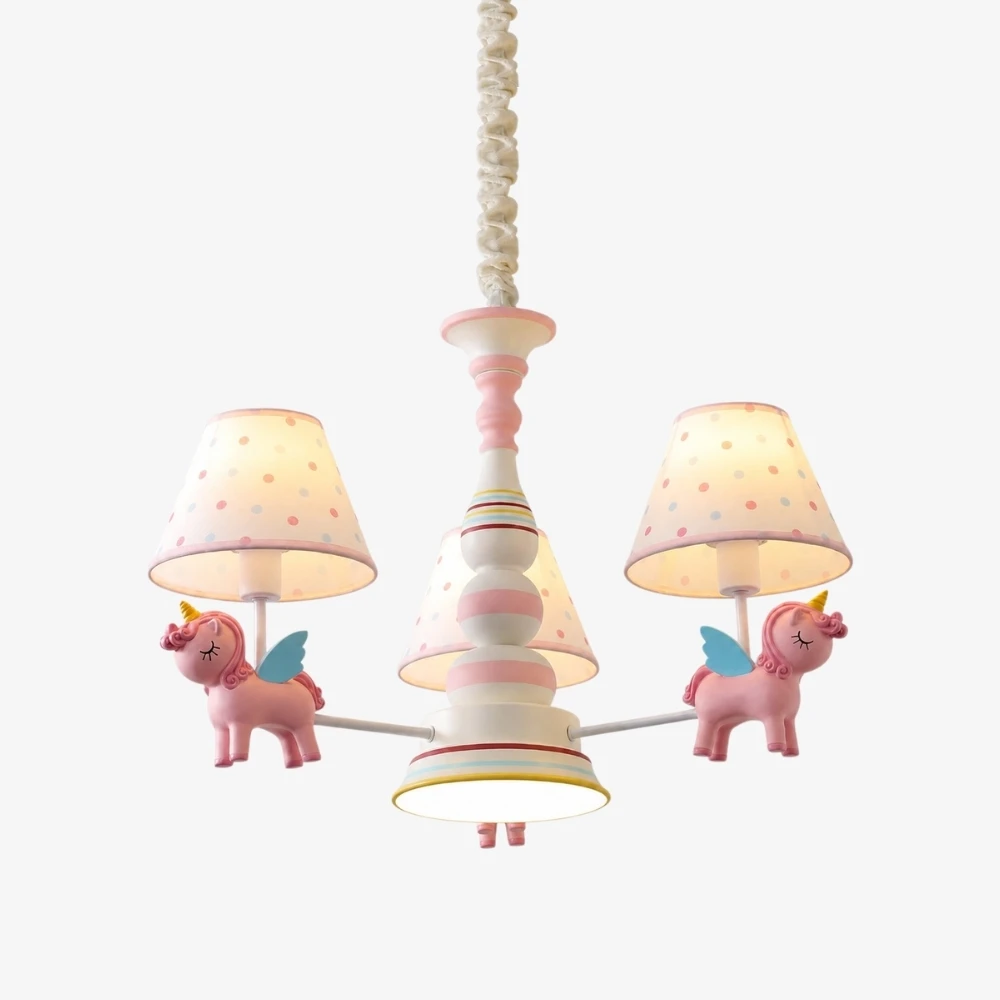 Pink kids room chandelier with three fabric shades
