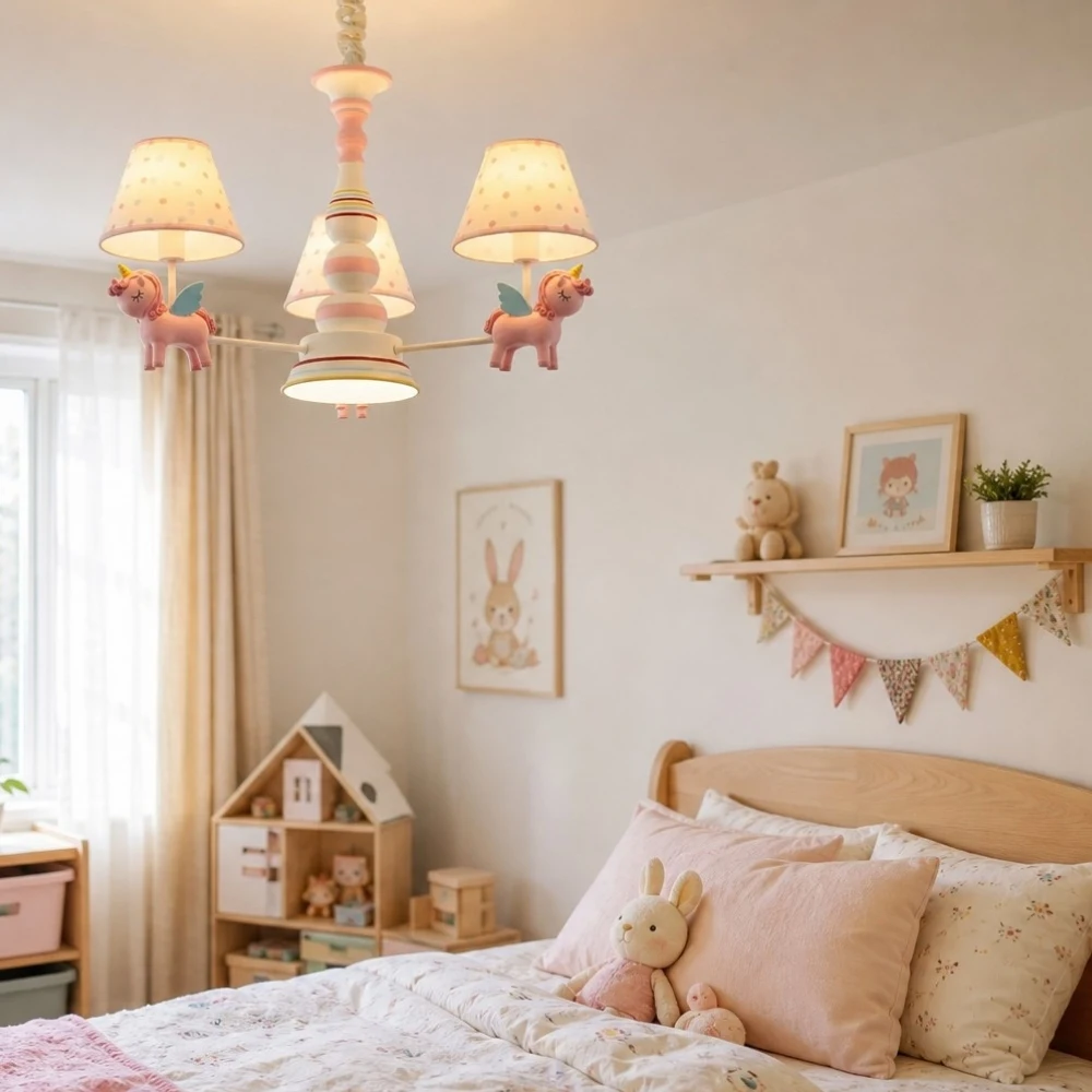 Blue chandelier installed in a kids bedroom