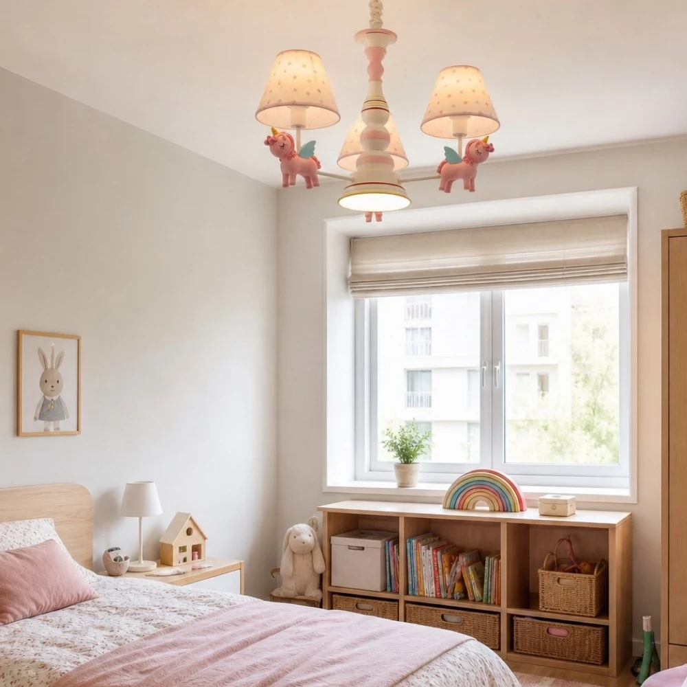 Pink chandelier in a nursery room setting