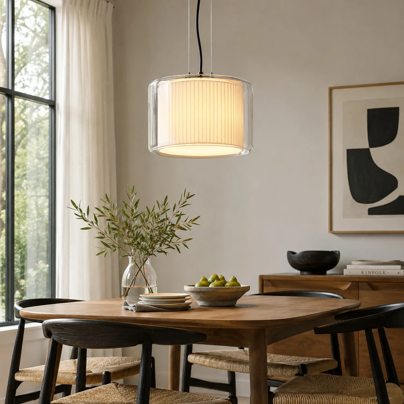 Mercer glass fabric pendant above a dining table