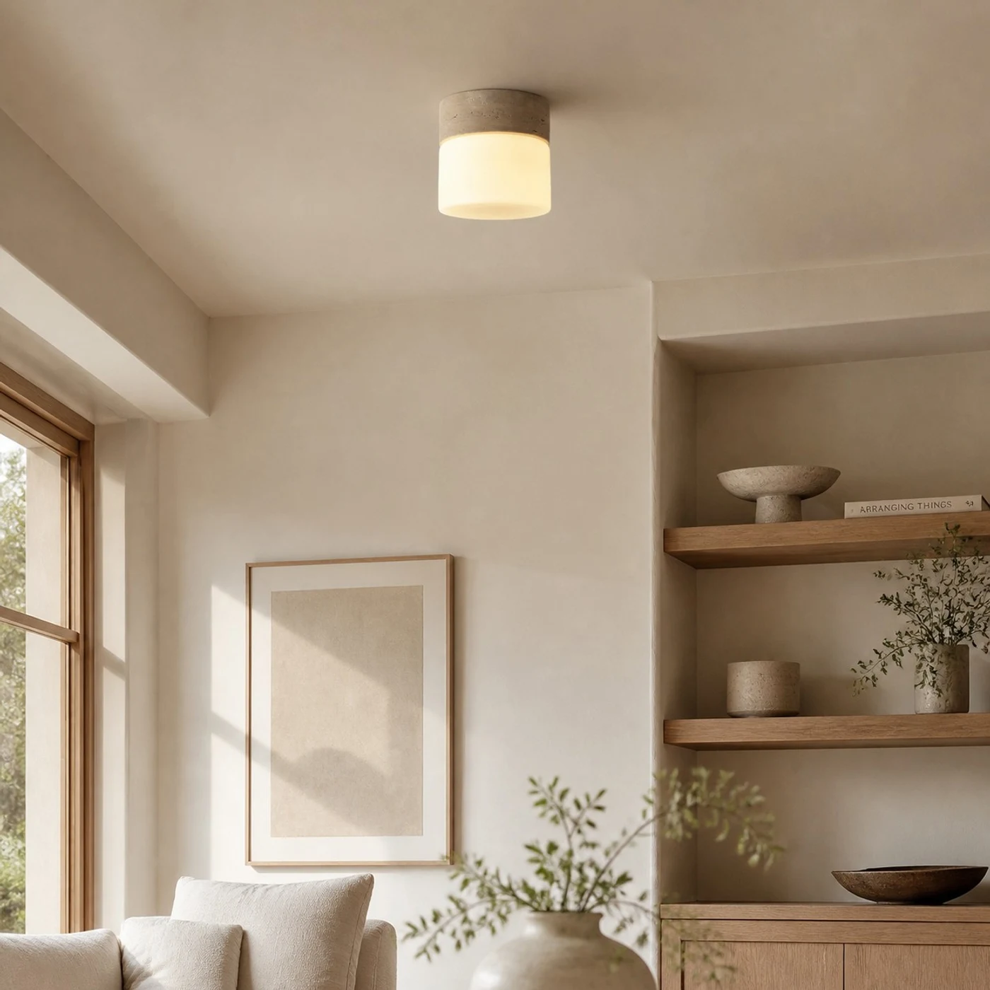 Travertine flush mount ceiling light installed in an entryway or hallway