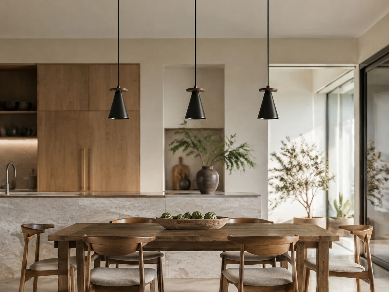 Black walnut pendant light in a hallway setting