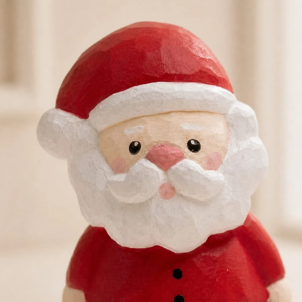 Close detail of handmade wooden Santa face and hat