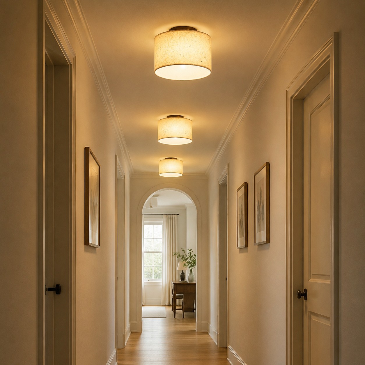 Natural paper ceiling light installed in a warm hallway