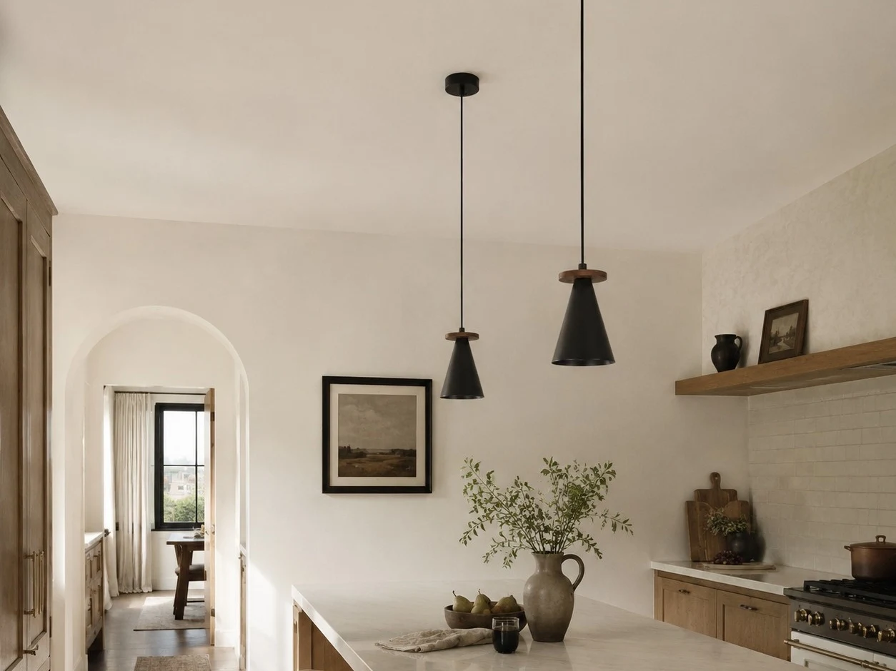 Black walnut pendant lights installed above a kitchen island