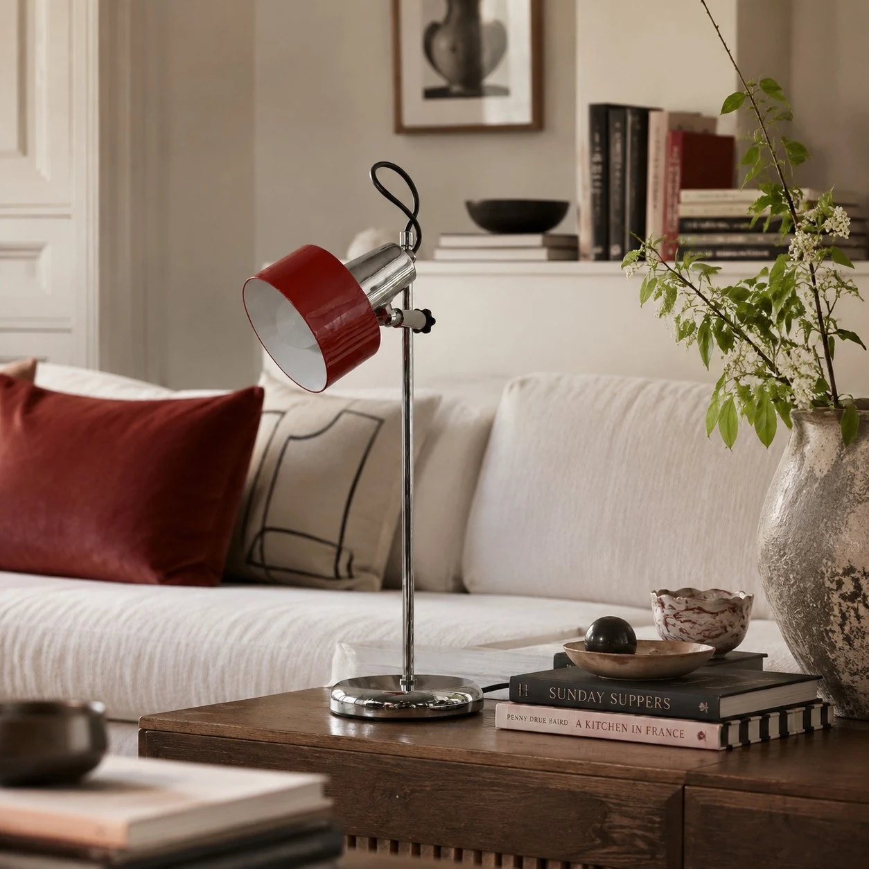 Retro red table lamp in living room setting