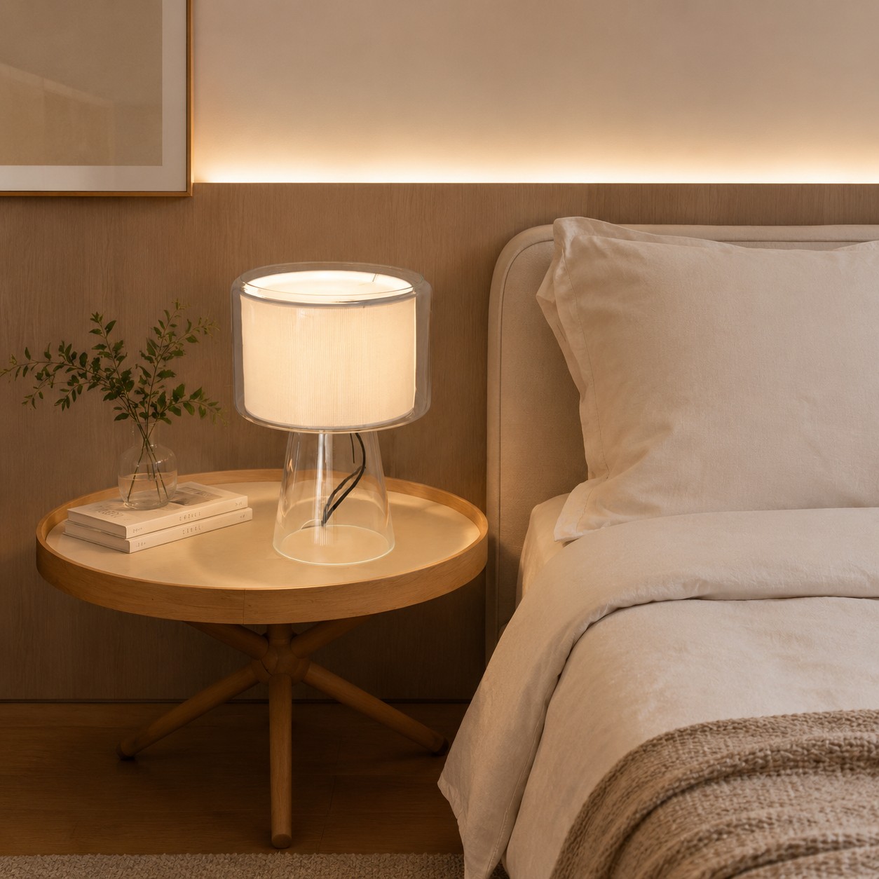 Natural Glass Table Lamp With Fabric Shade in room setting