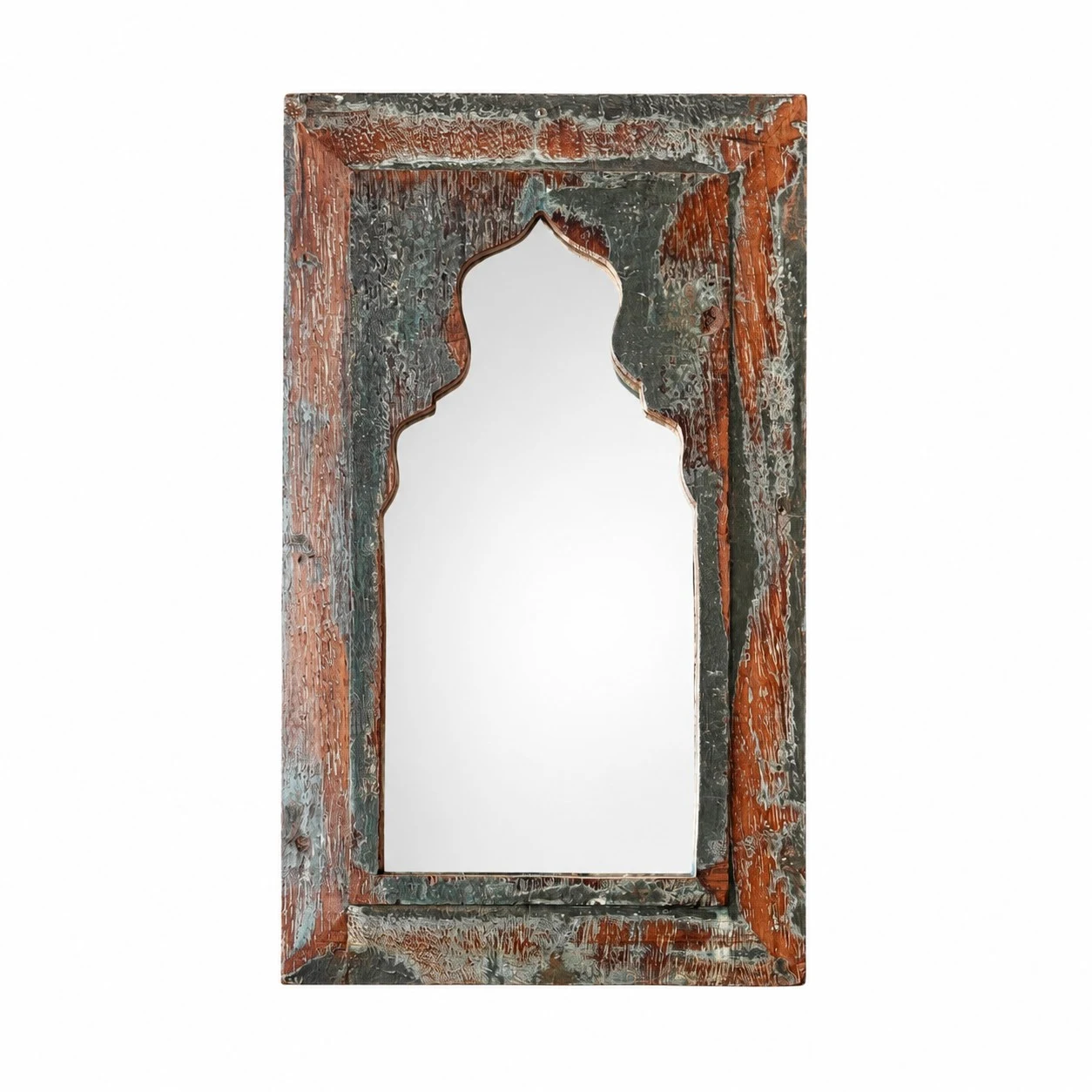 A rustic carved wooden wall mirror