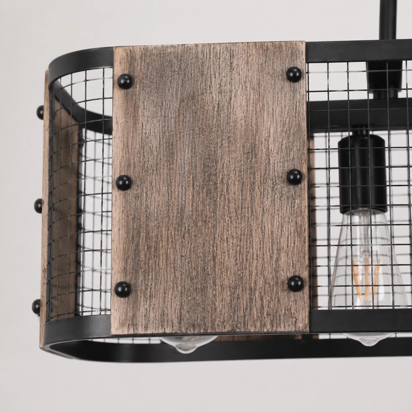Wood grain shade panel and black iron mesh detail