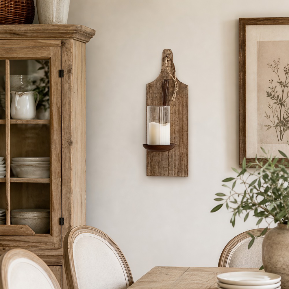 Rustic wooden wall sconce styled beside a dining cabinet and framed wall art