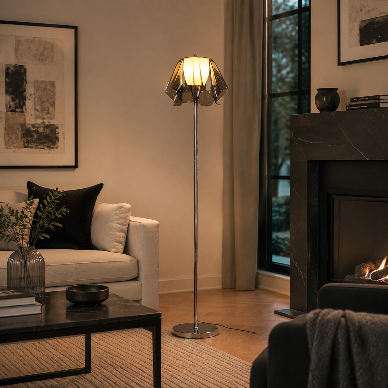 Acrylic floor lamp styled beside a sofa in a living room