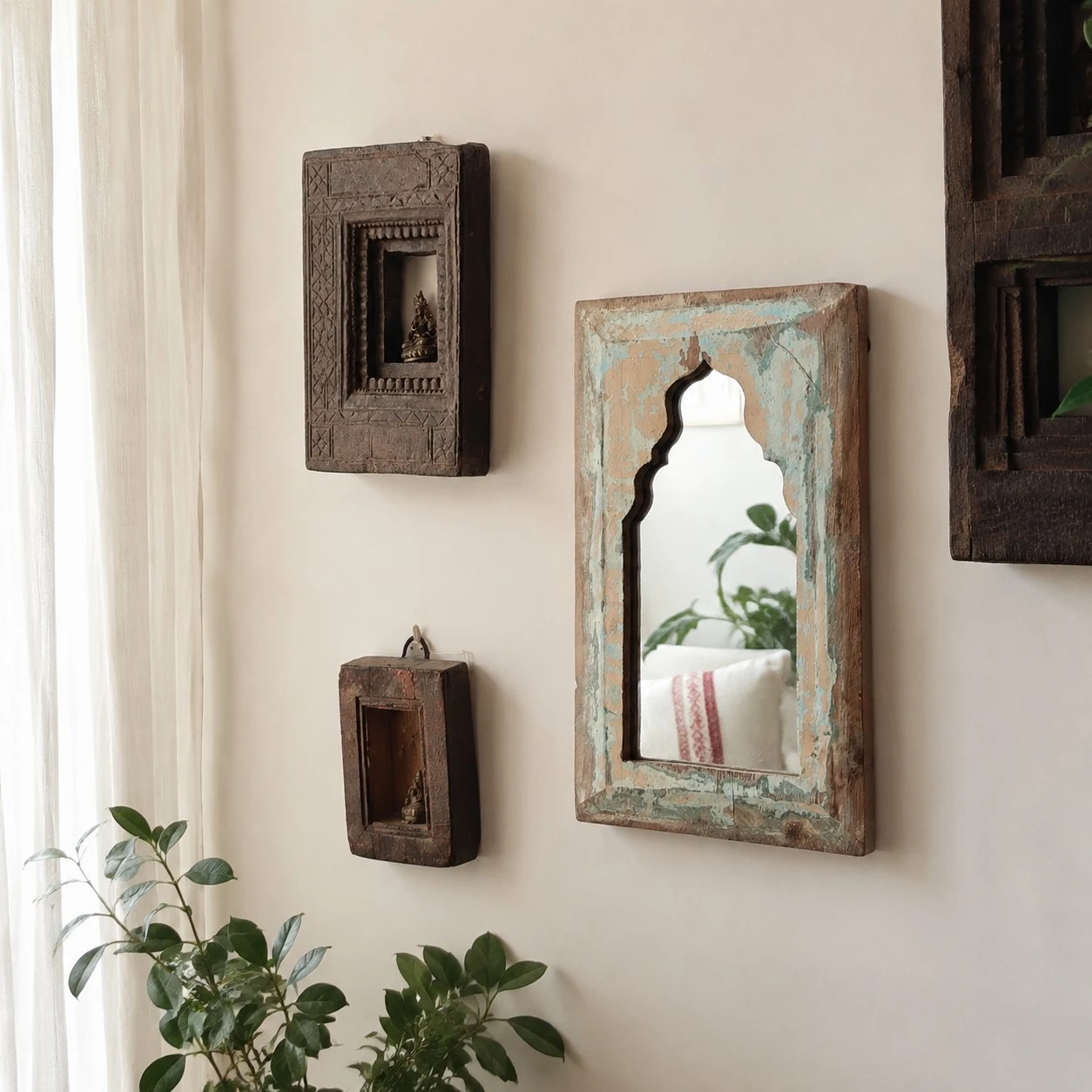 Rustic carved arch mirror styled in a warm window-side home corner