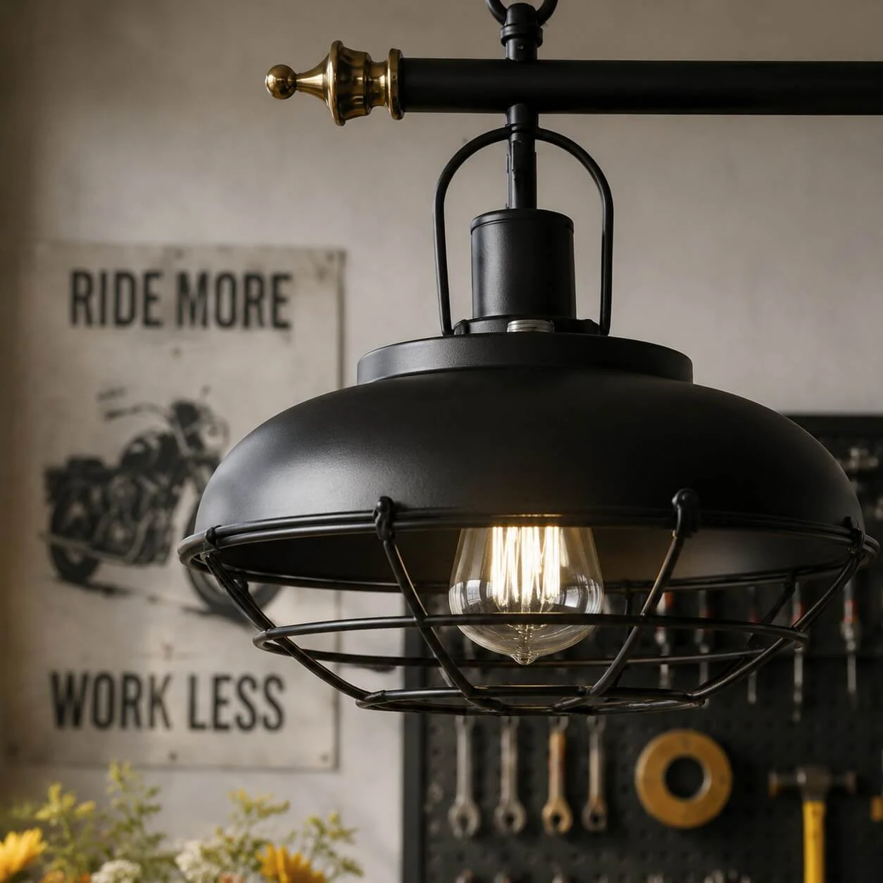 Close view of the iron mesh shade and suspended frame