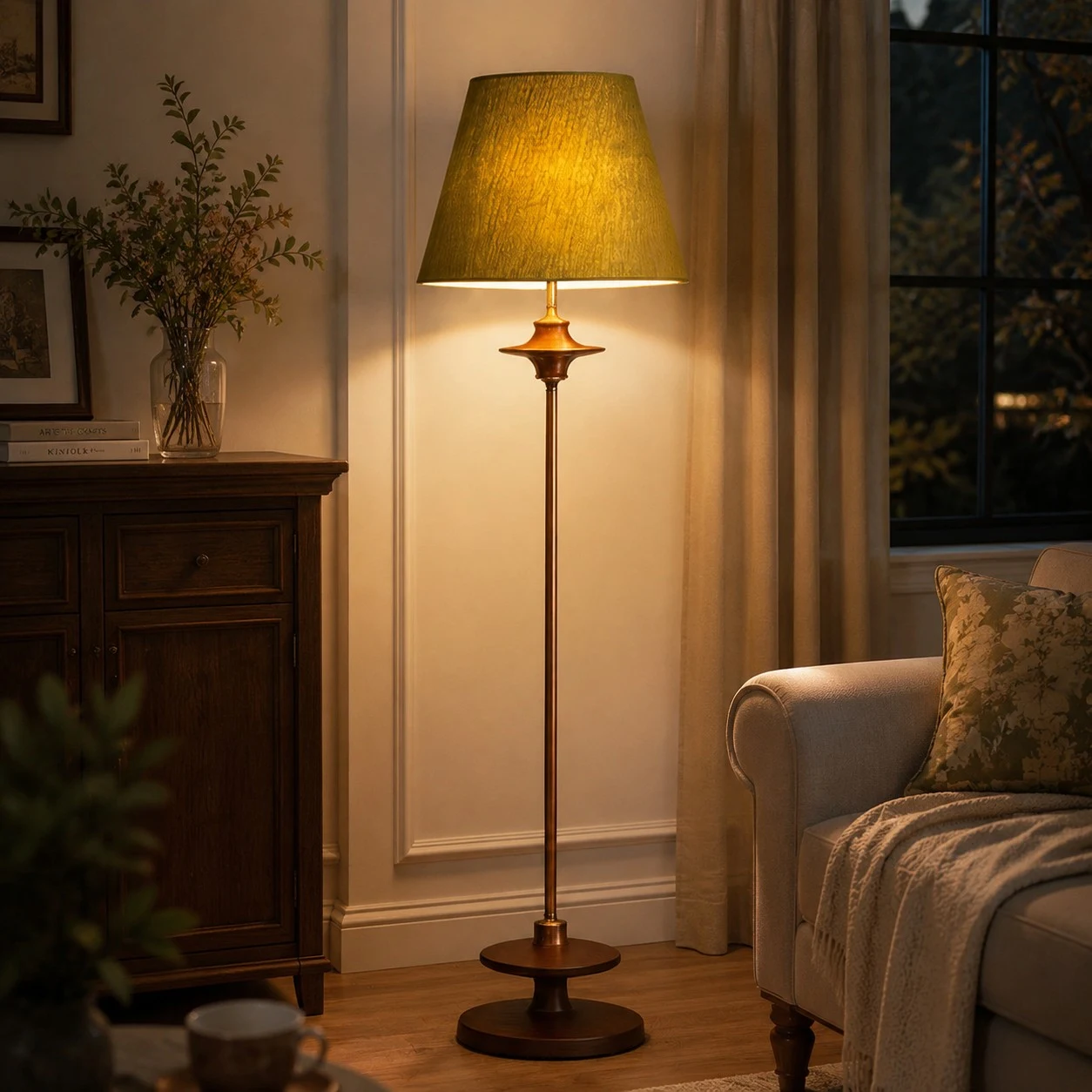 Vintage floor lamp creating a warm living room atmosphere