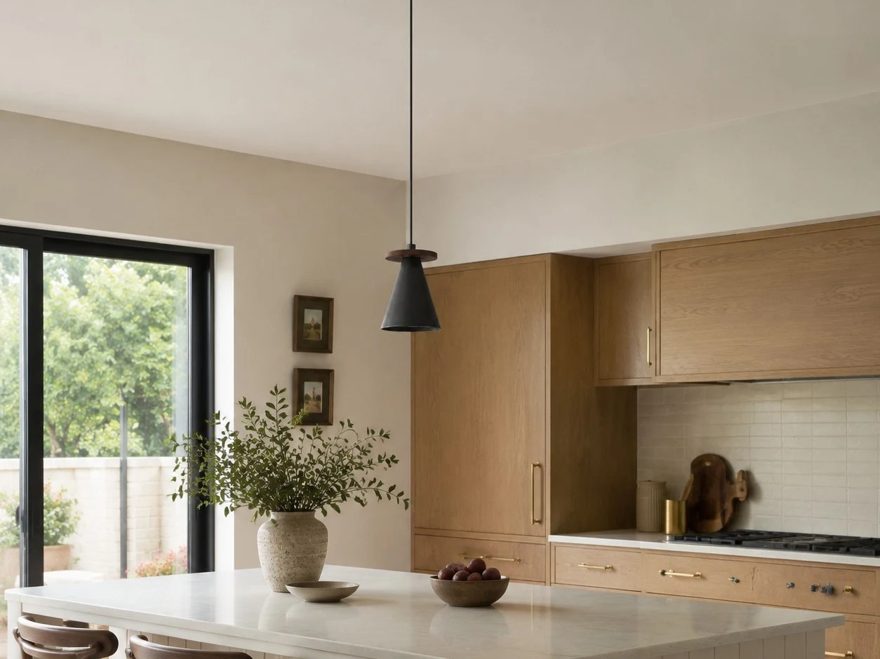Black walnut pendant light in a bedroom setting
