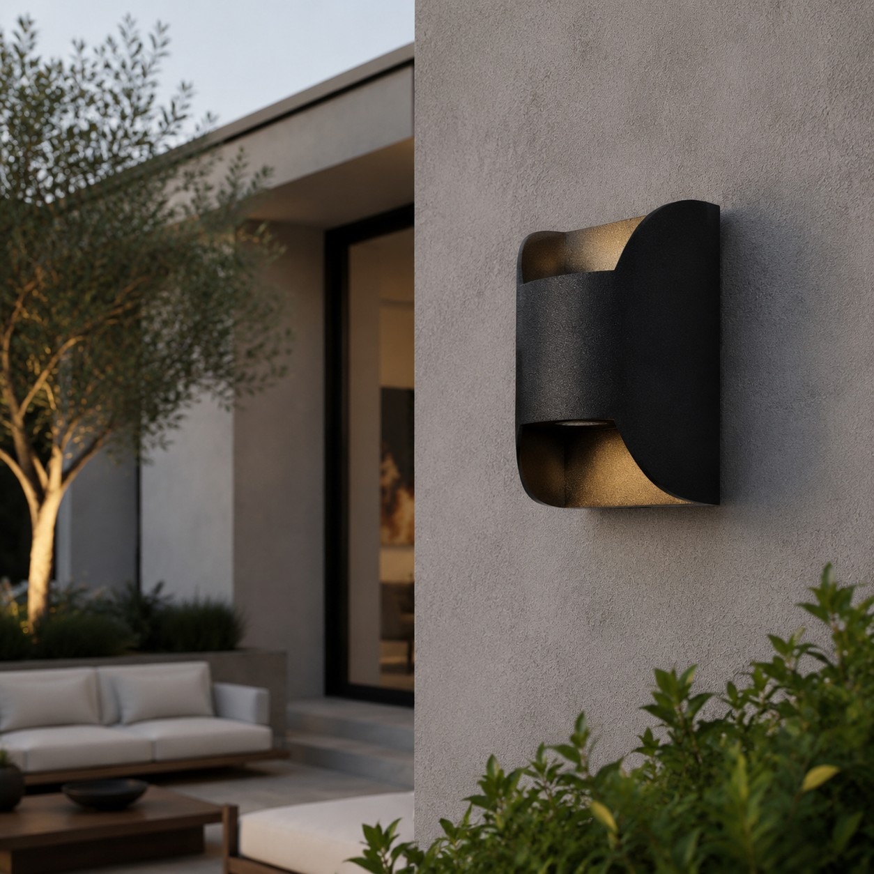 Black exterior wall sconce beside an outdoor seating area