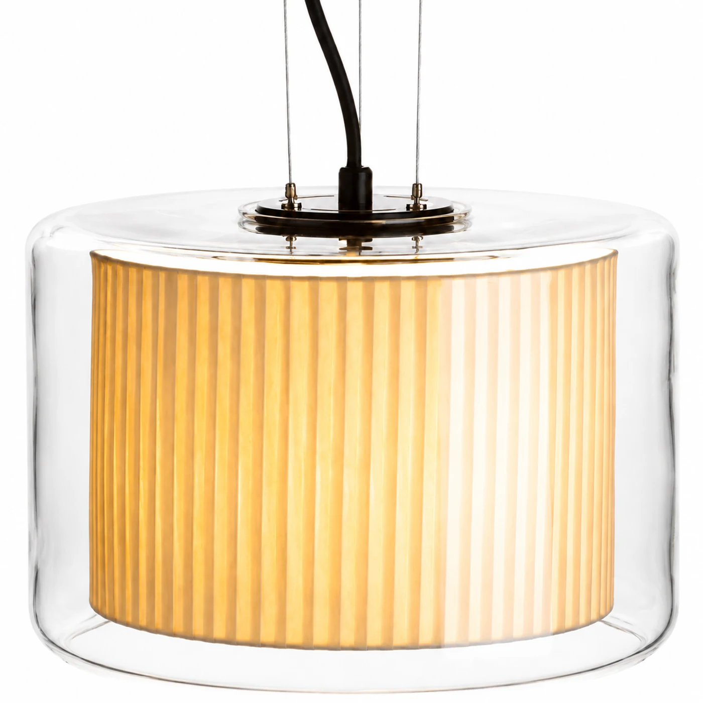 Full close view of clear glass and pleated fabric pendant shade