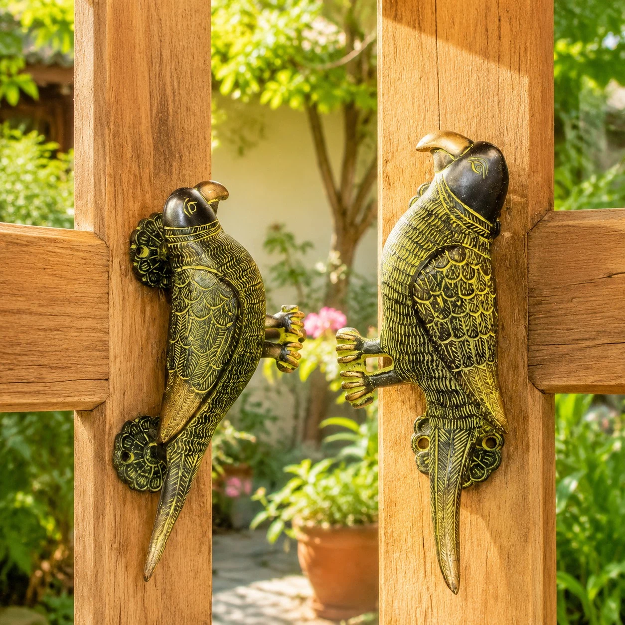 Decorative brass animal handles installed on a wooden door
