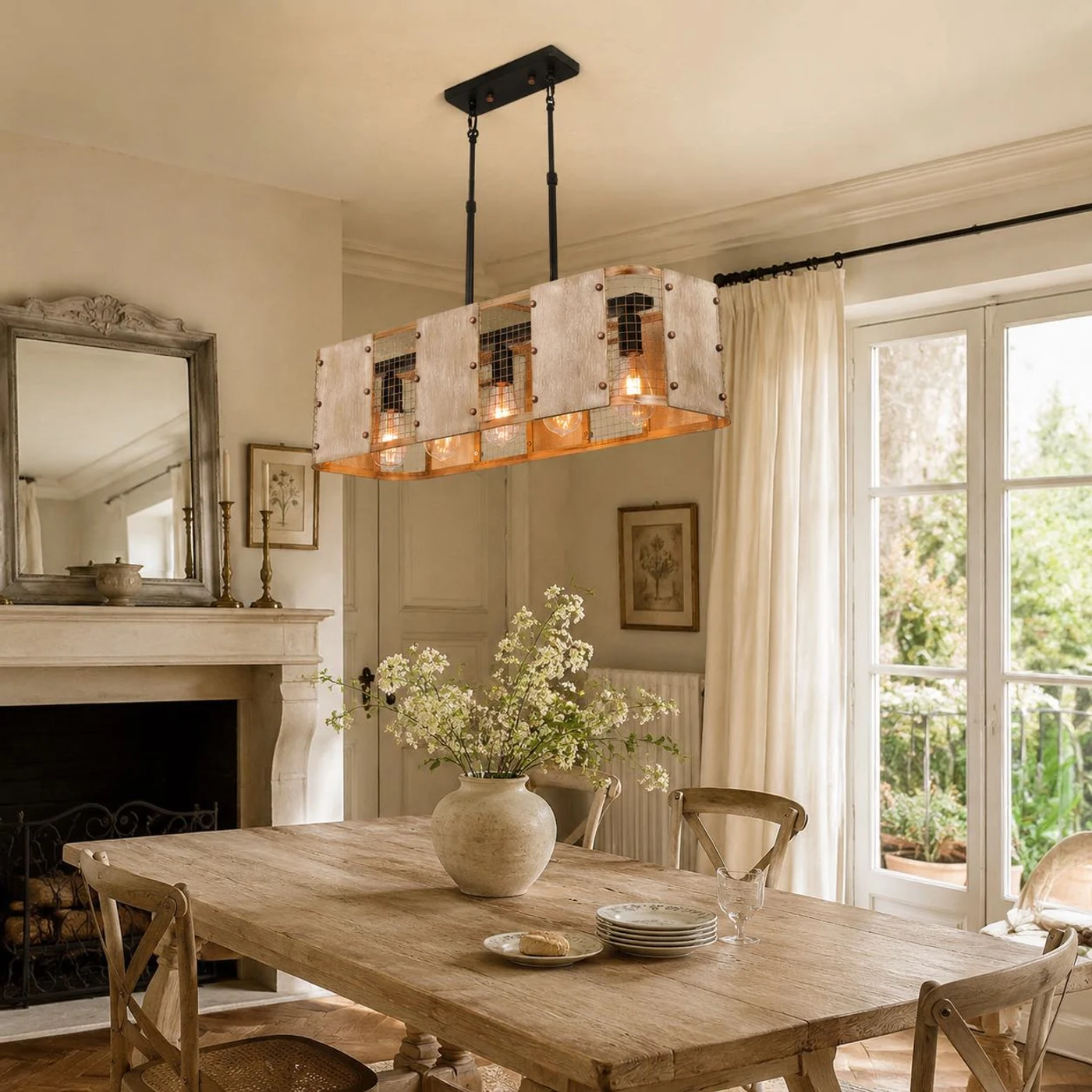 Warm pendant light above dining table
