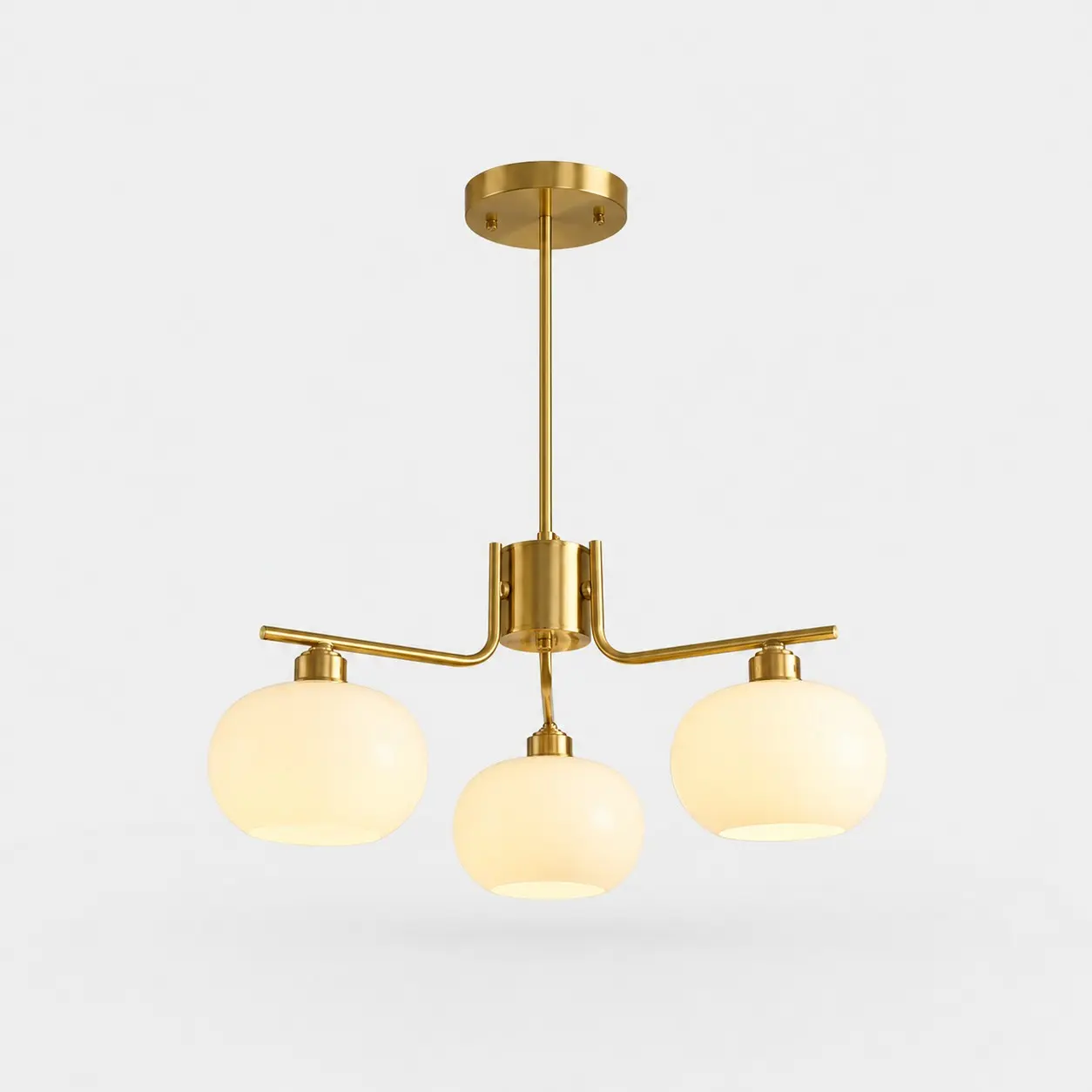 Solid brass gold three-light milk glass chandelier