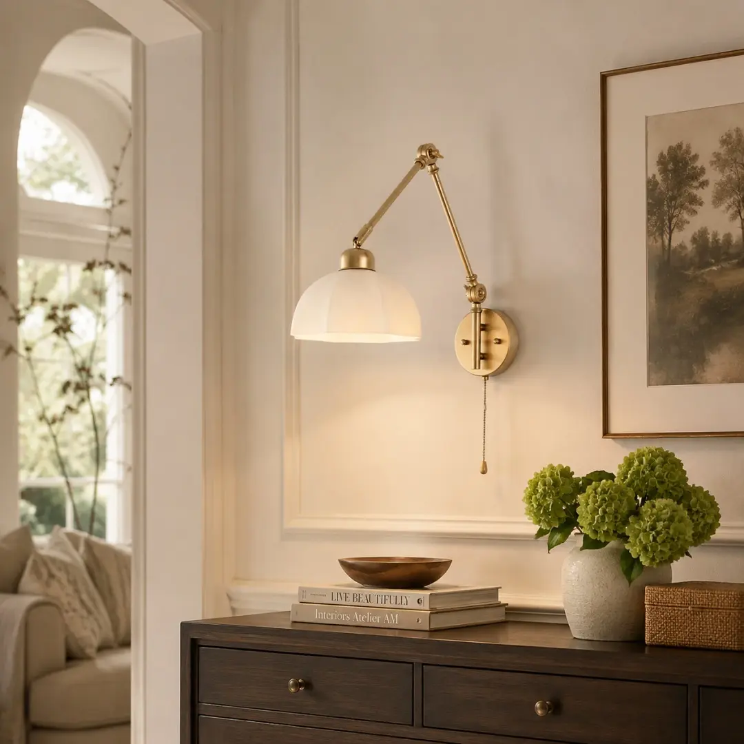 Swing arm wall lamp above a console