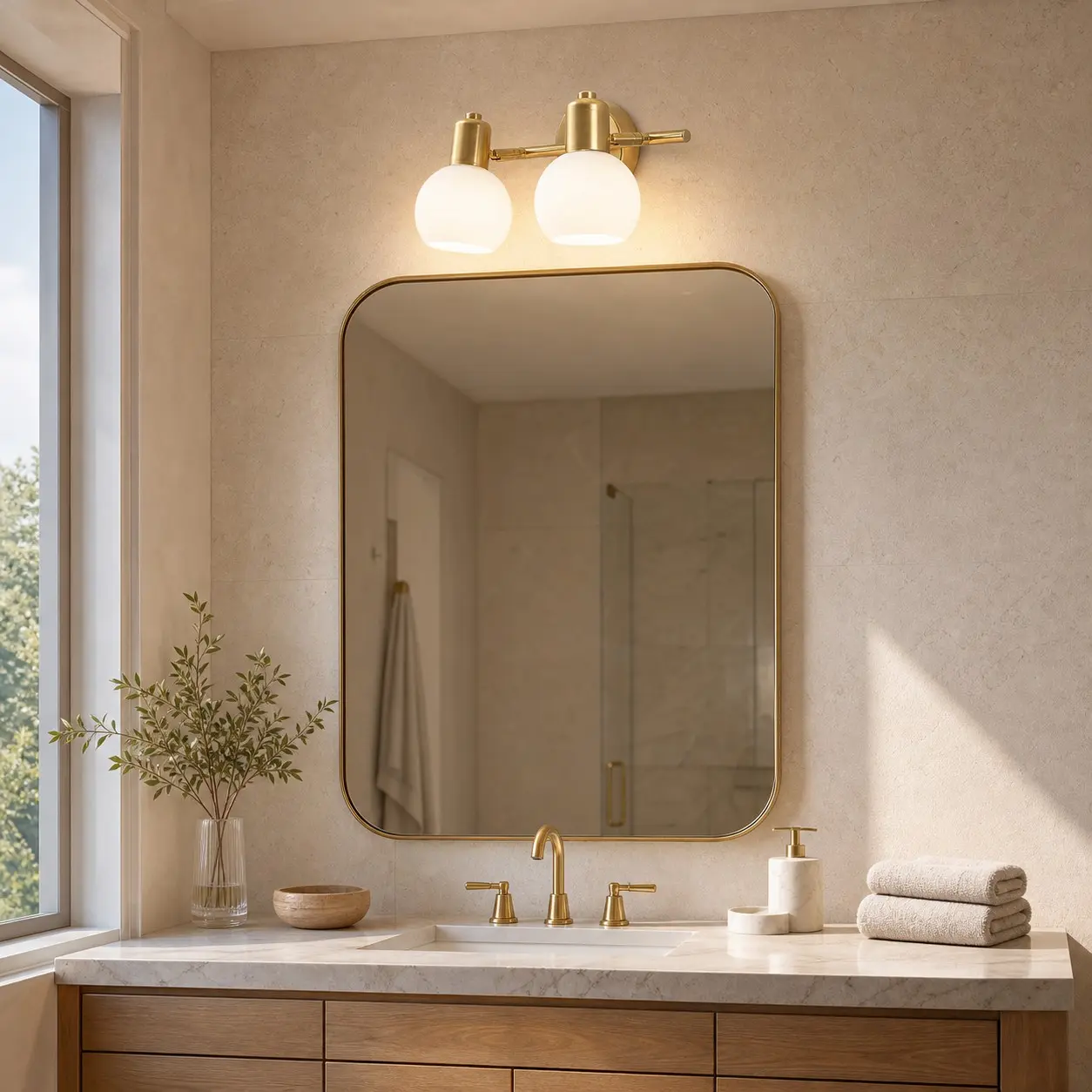 Two-light gold wall sconce above a bathroom vanity