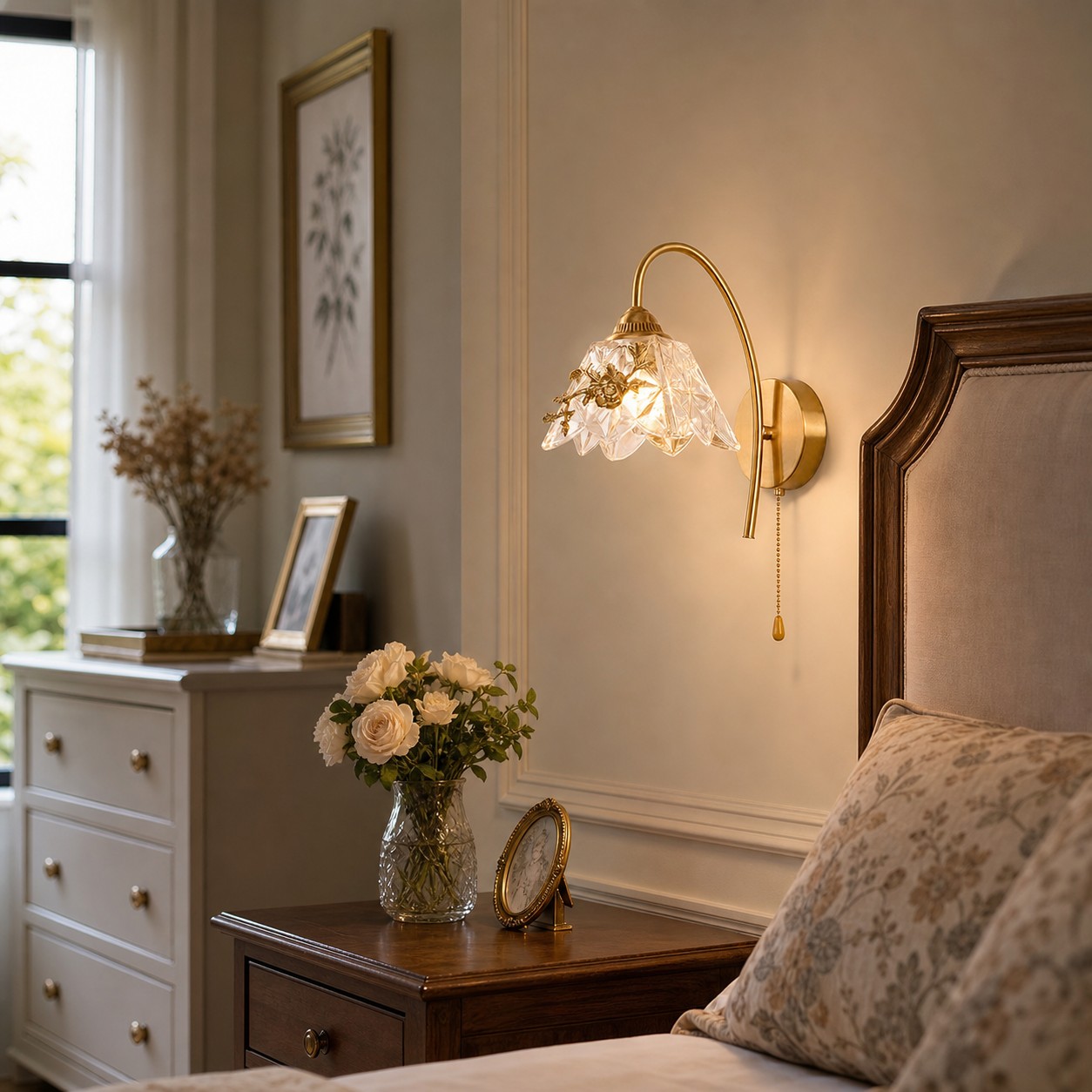 French floral wall sconce installed beside a bed