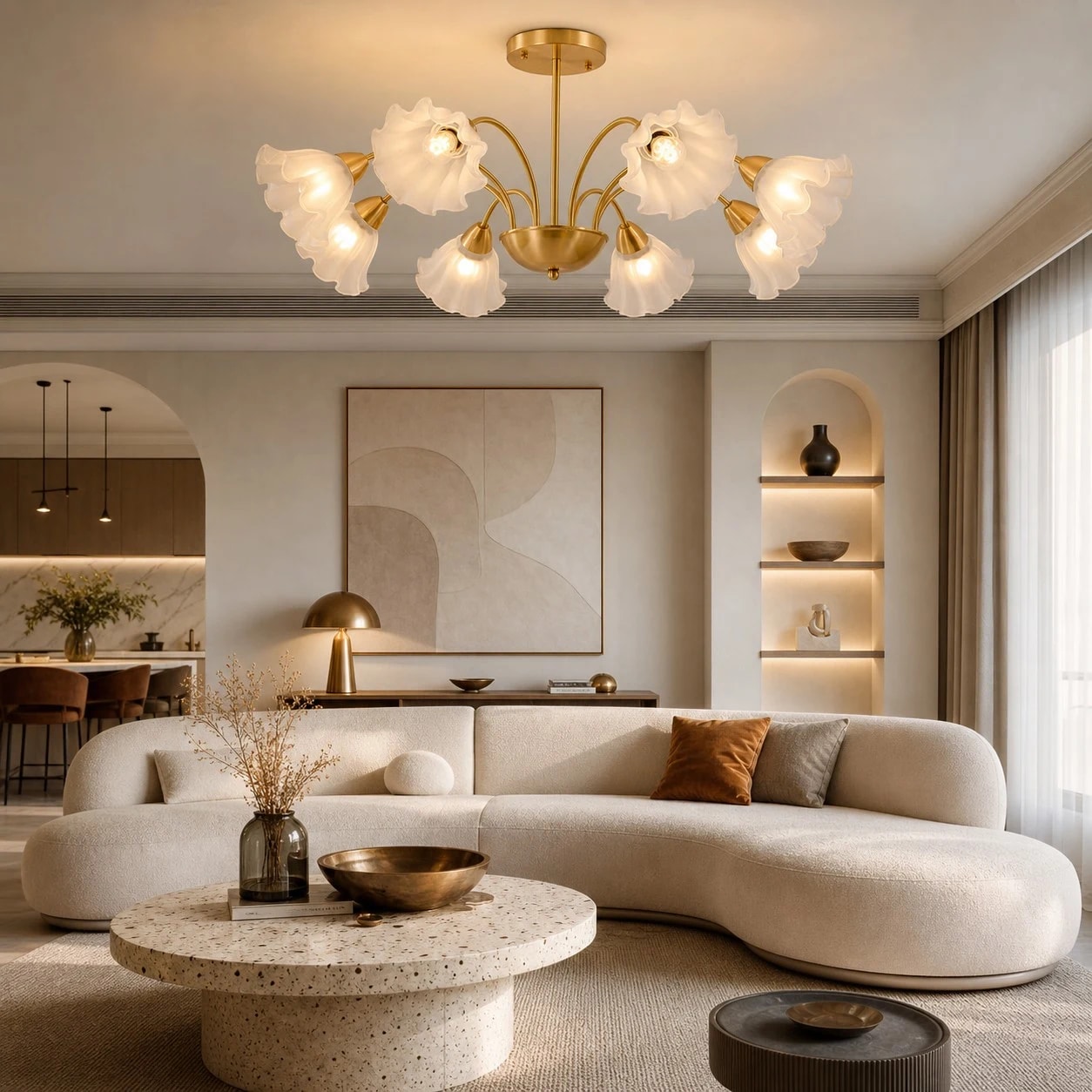 Eight-arm floral glass chandelier in a warm modern living room