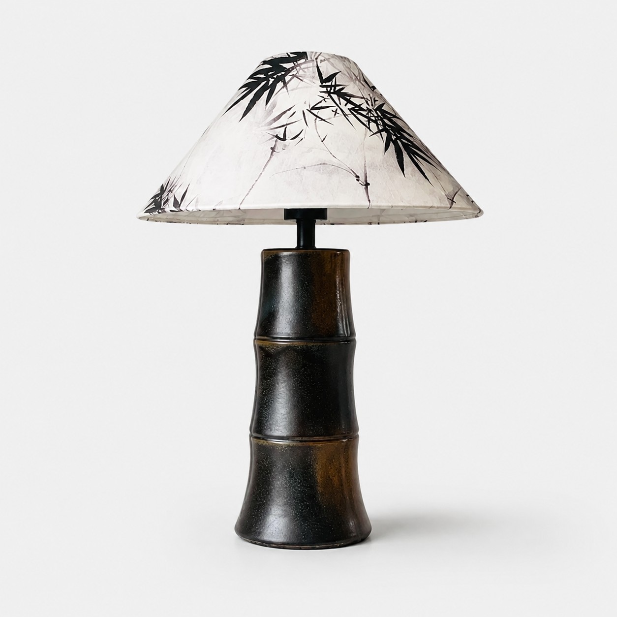 Tall dark brown bamboo-form ceramic table lamp