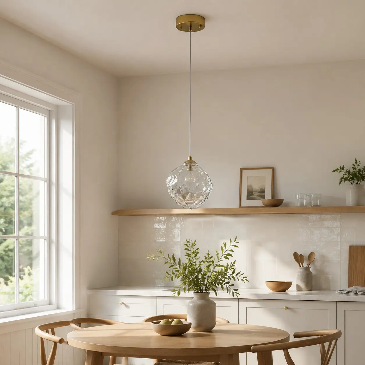 Glass pendant lamp above a dining table