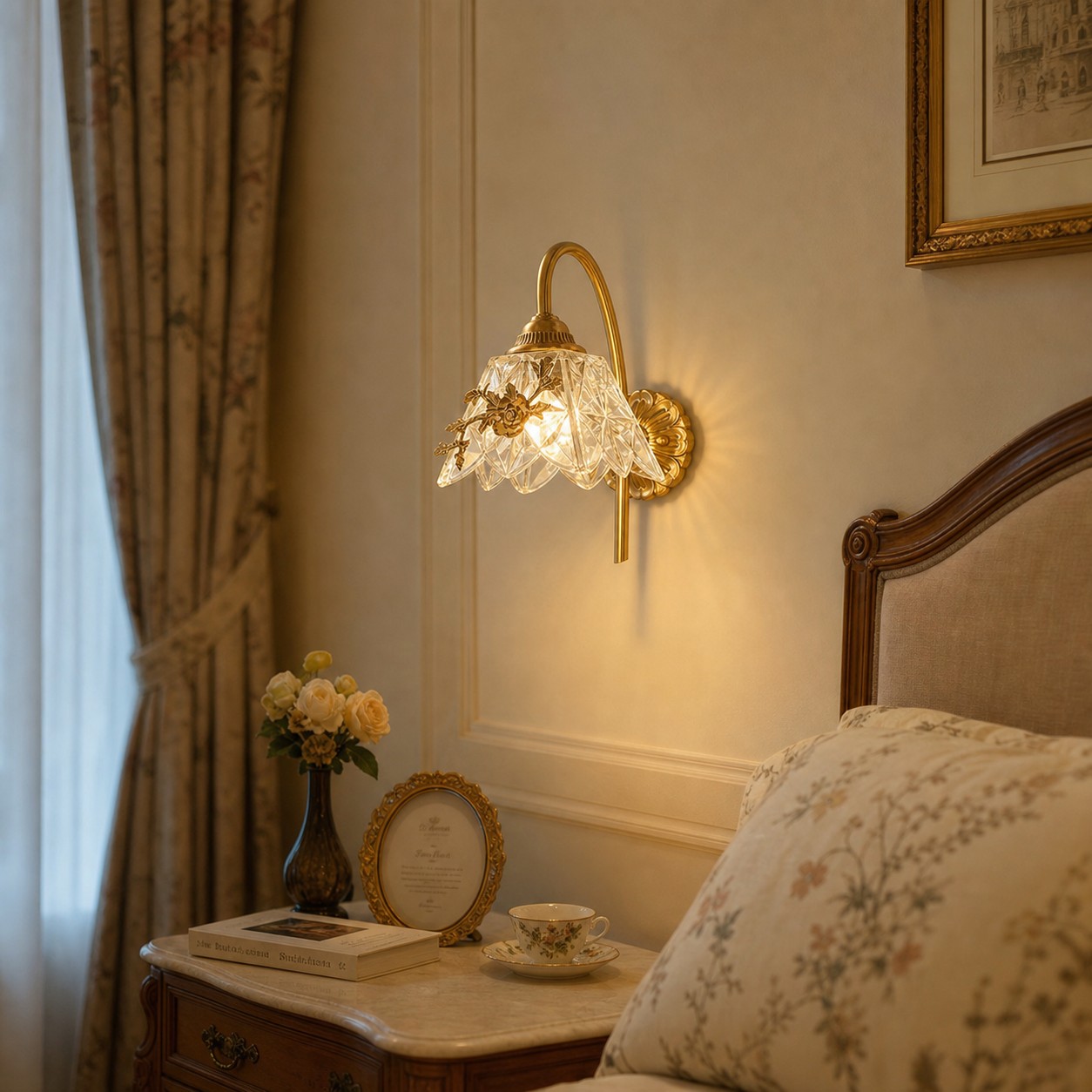 French floral wall sconce in a classic bedroom