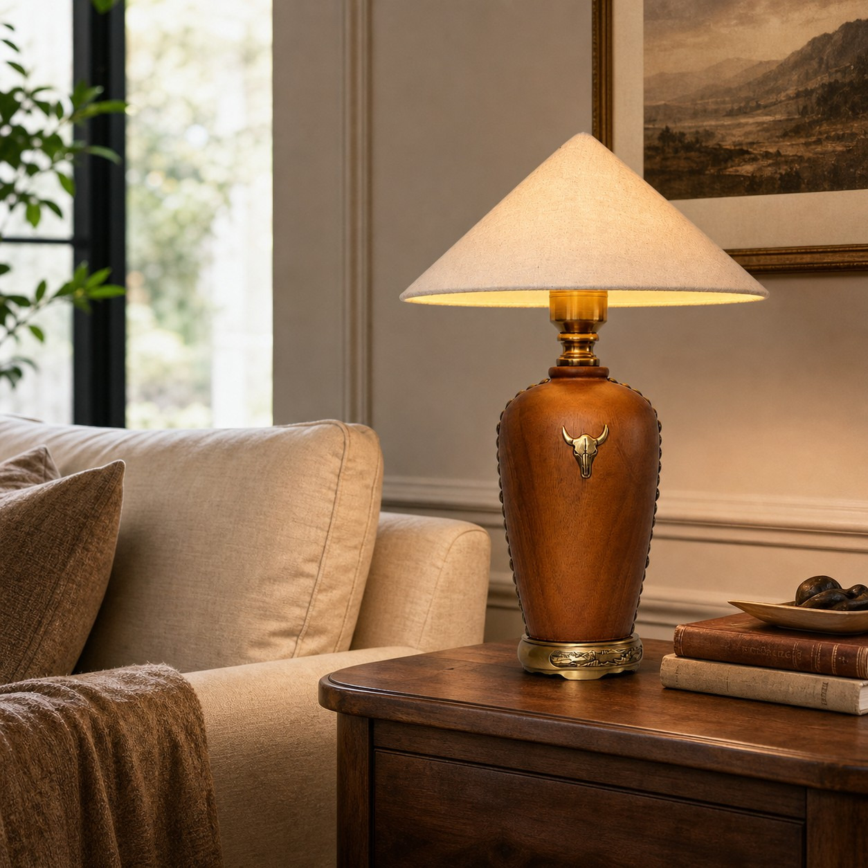 Off-white shade wood table lamp beside a sofa