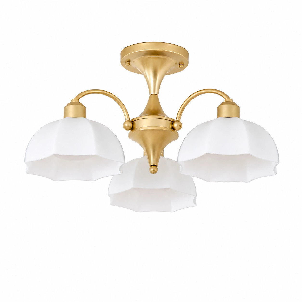 Gold three-light chandelier with white glass shades