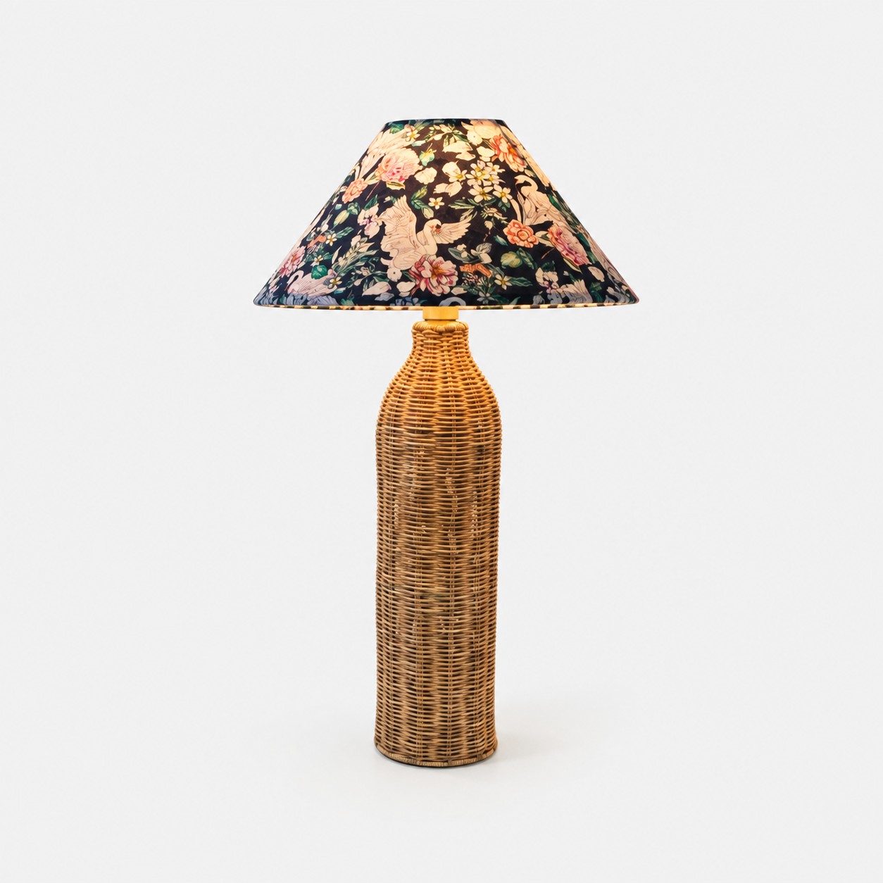 Dimmable woven rattan table lamp with botanical bird fabric shade