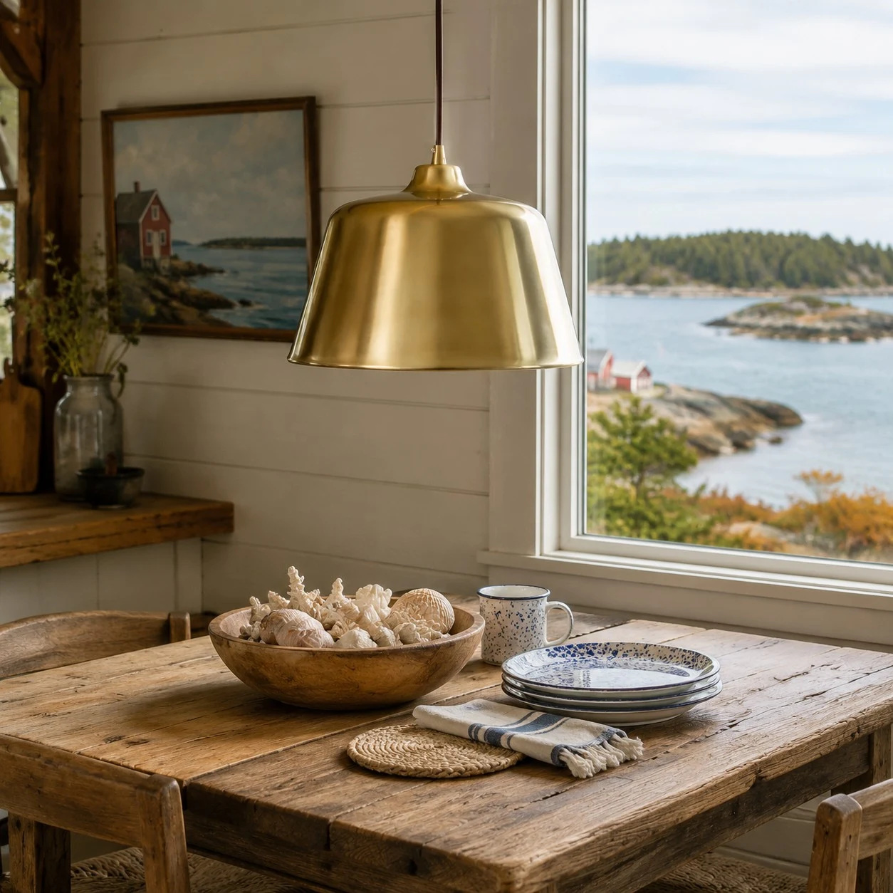 Bright brass pendant lamp above a coastal dining table