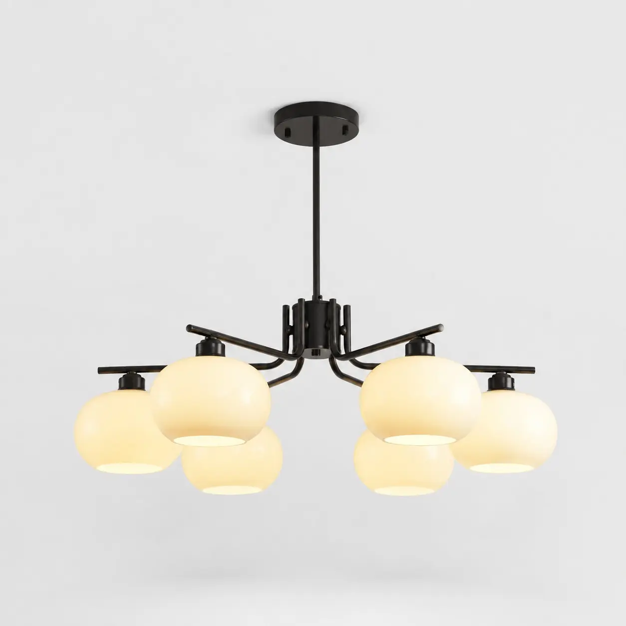 Solid brass black six-light milk glass chandelier