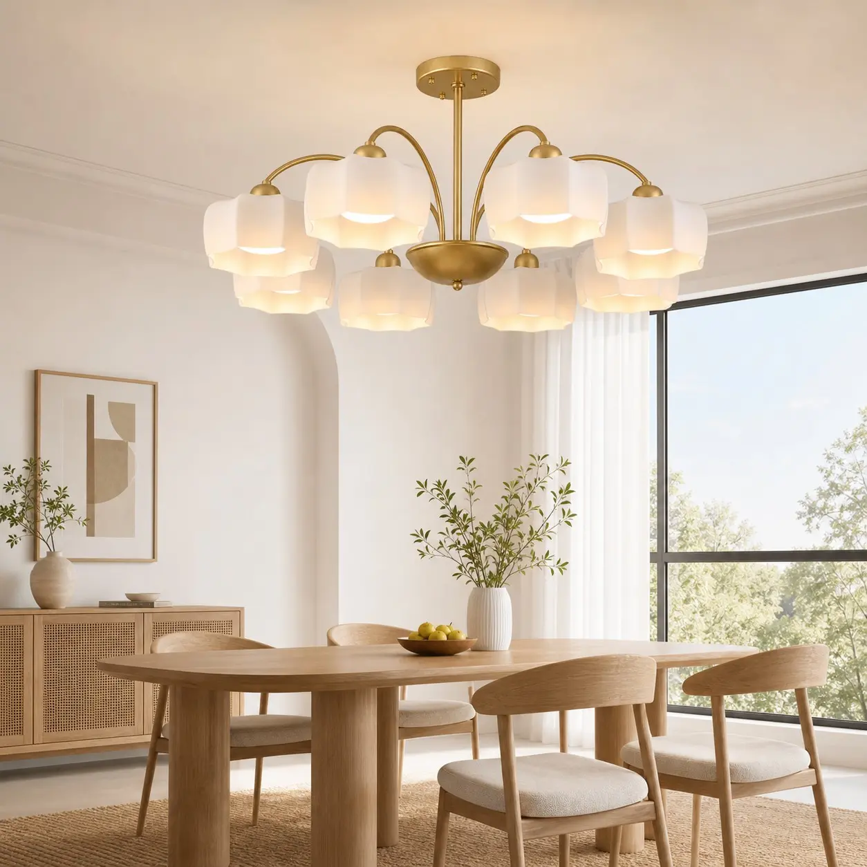 8-light gold chandelier installed above a dining table
