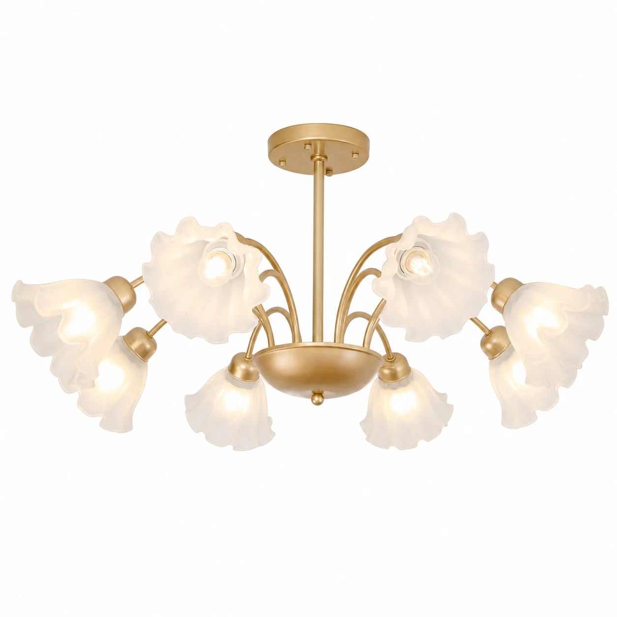 Gold-finished iron eight-arm floral glass chandelier on a white background