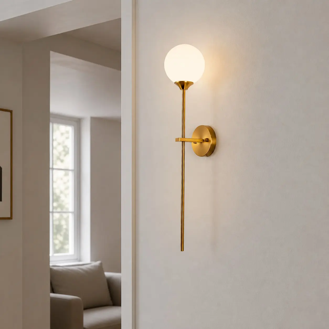Gold wall sconce installed beside a window