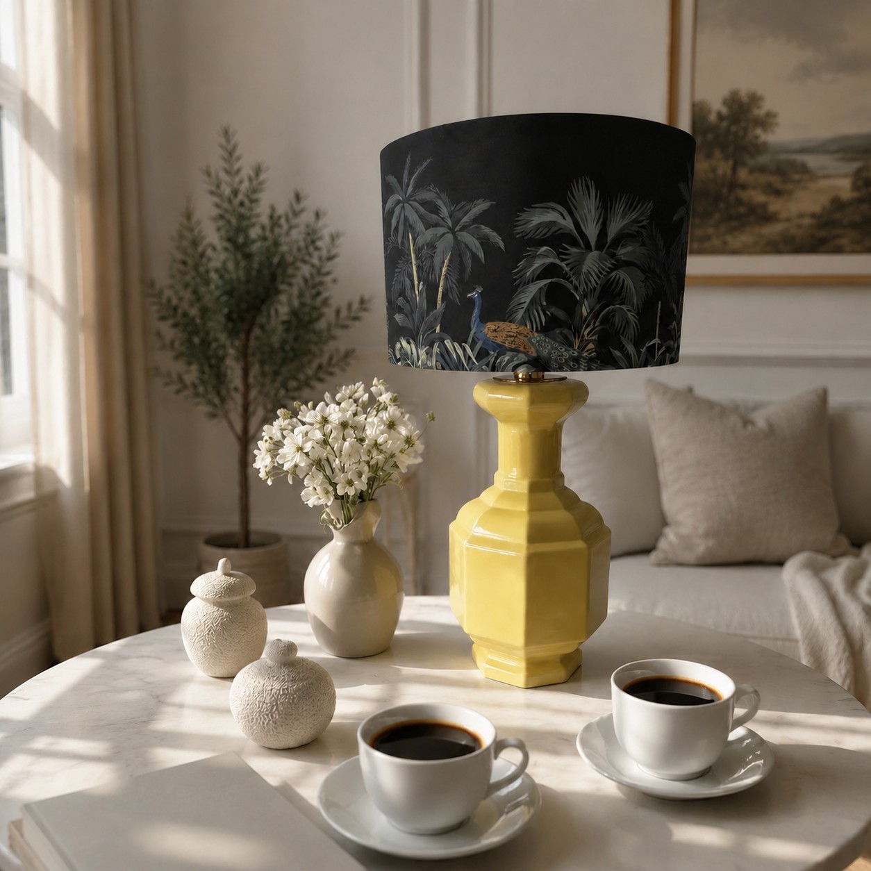 Faceted Lemon Yellow ceramic table lamp in a living room