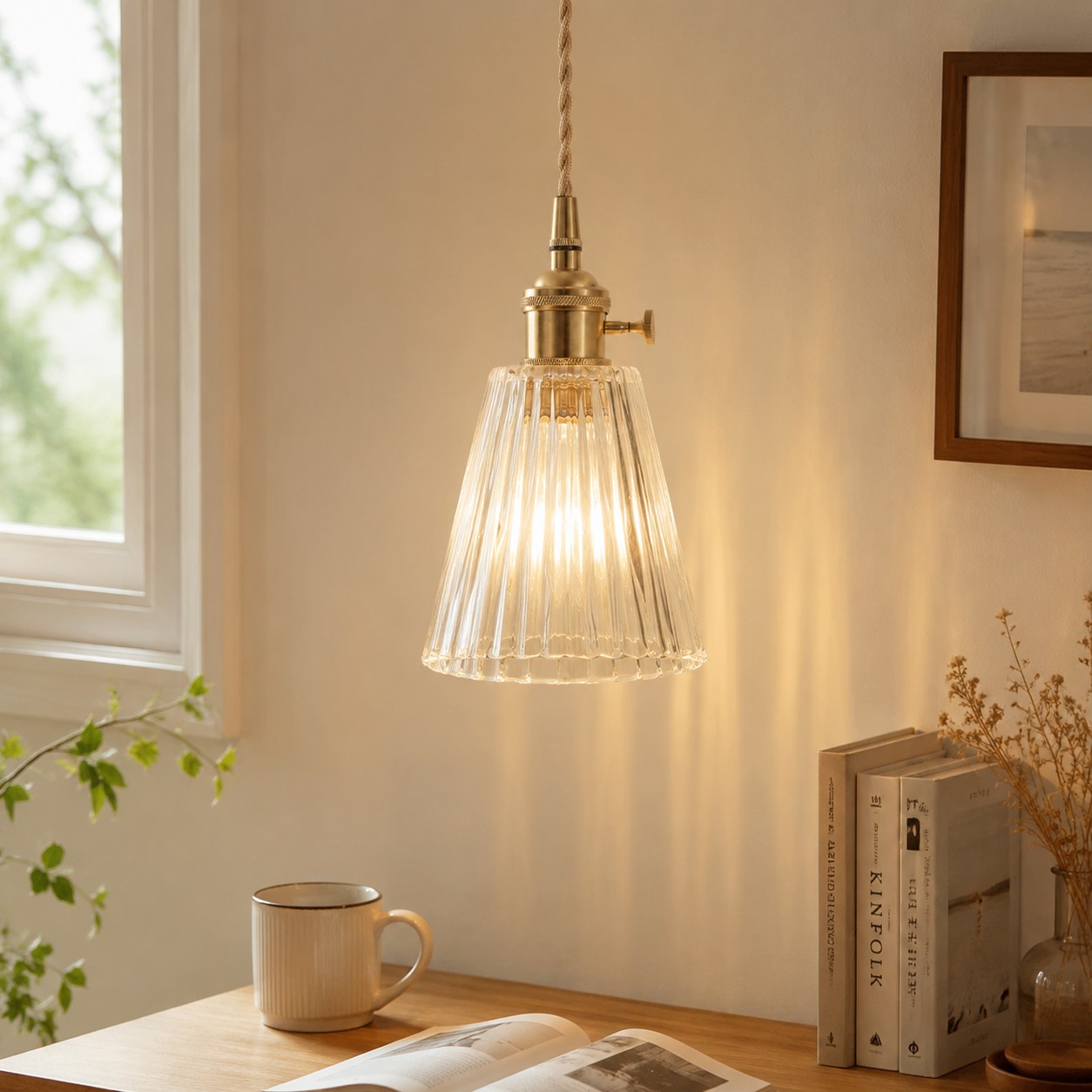 Style K tapered fluted glass pendant over a compact workspace