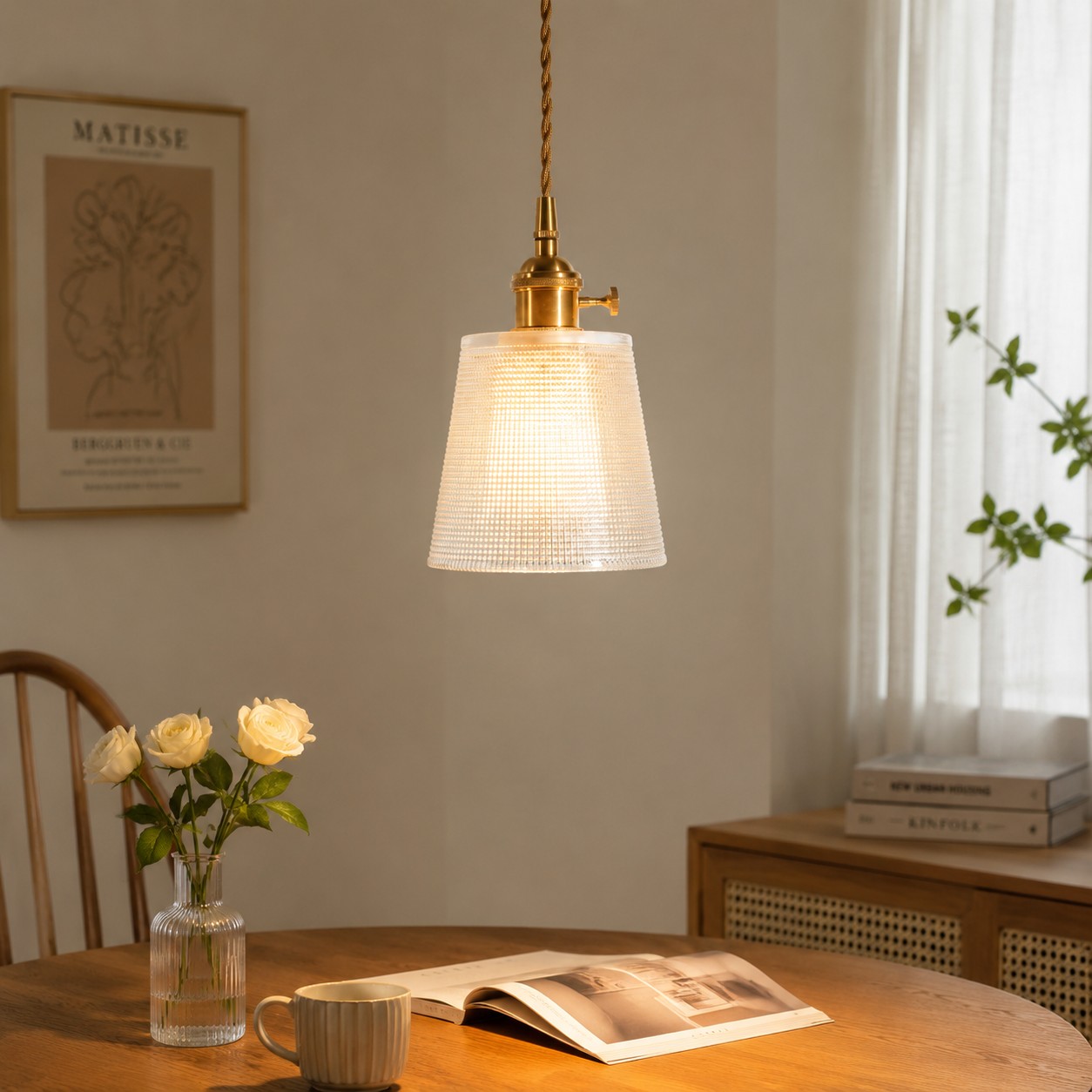 Style B fine-ribbed glass pendant above a quiet reading corner
