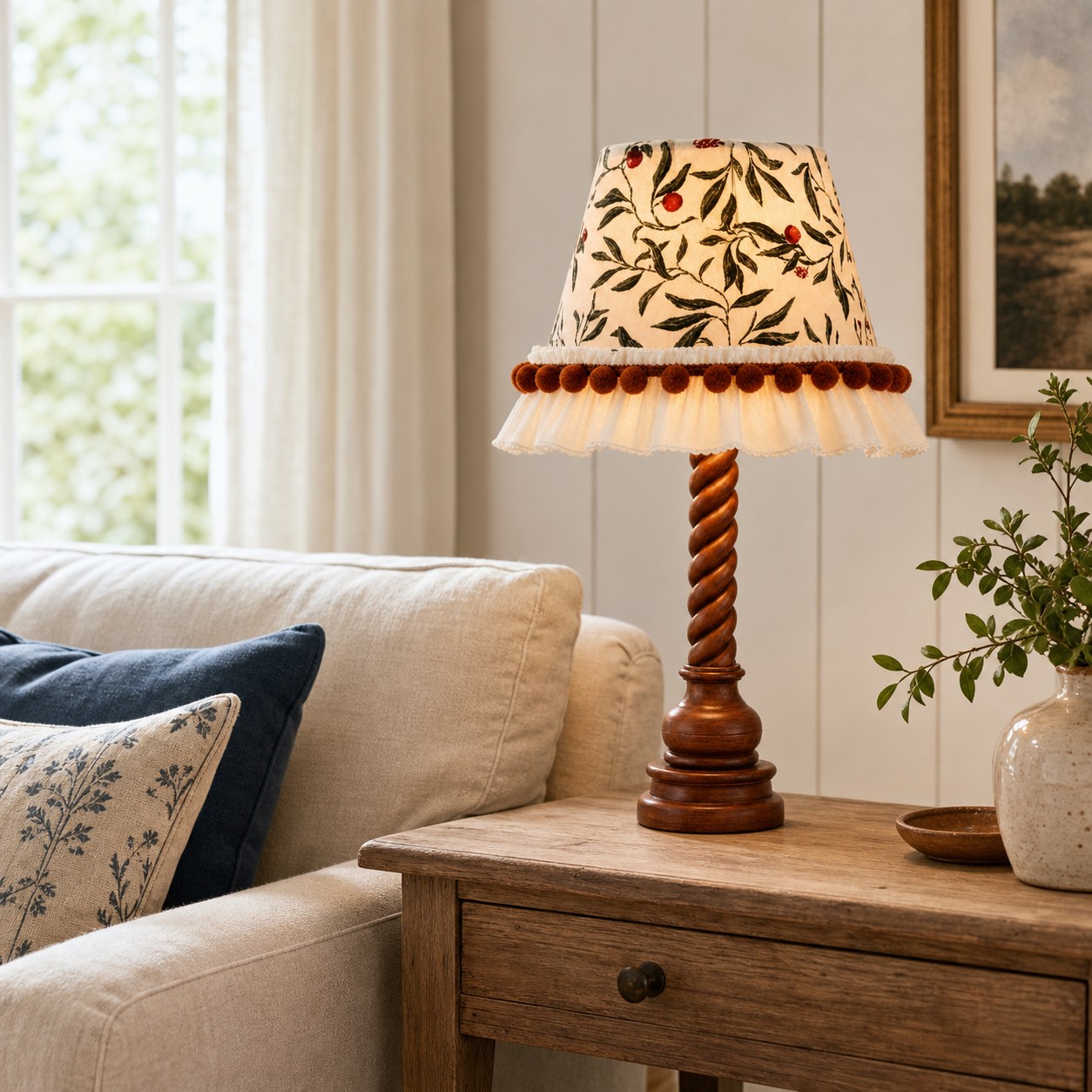 Twist wood table lamp on a living room side table