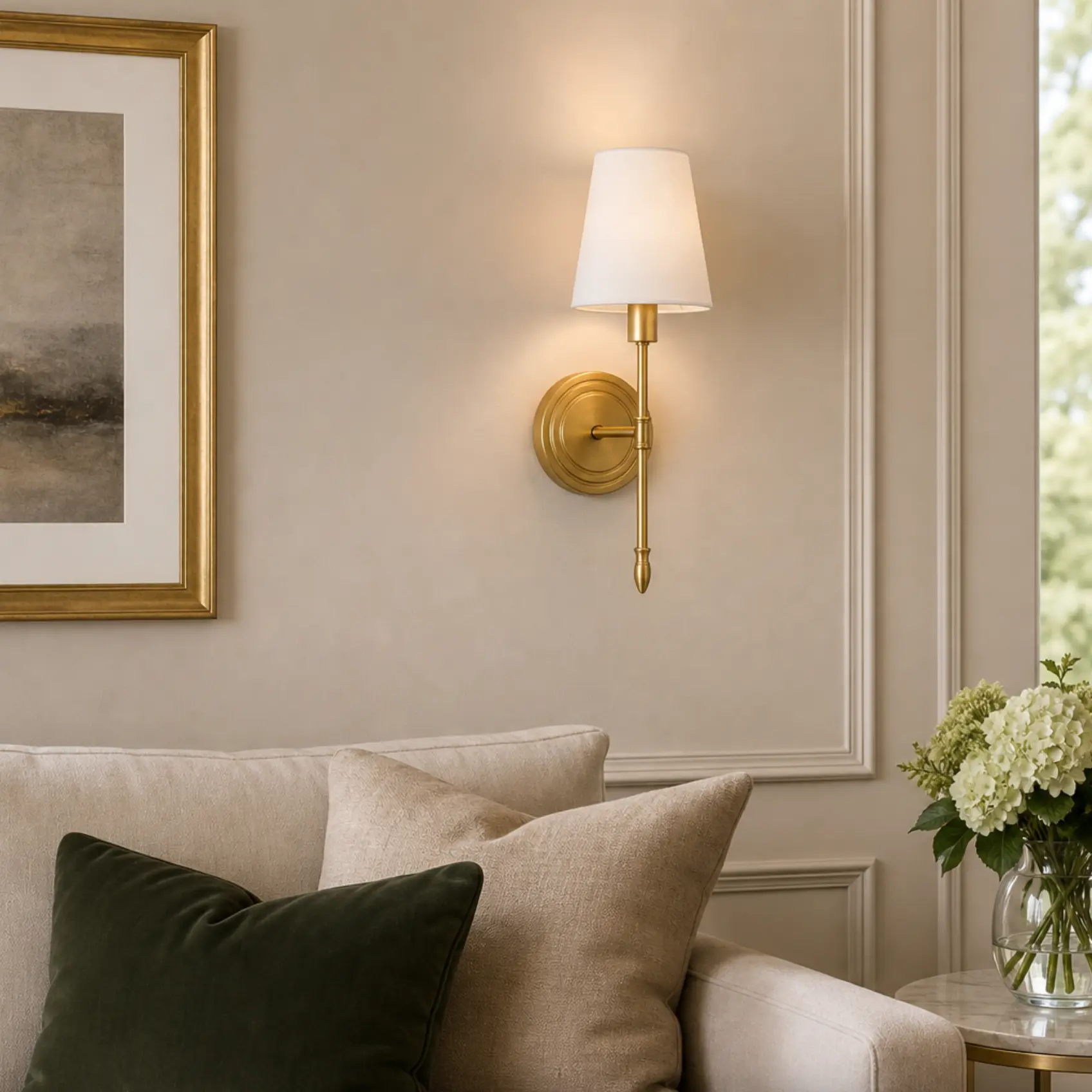 Decorative brass wall lamp in a refined living space