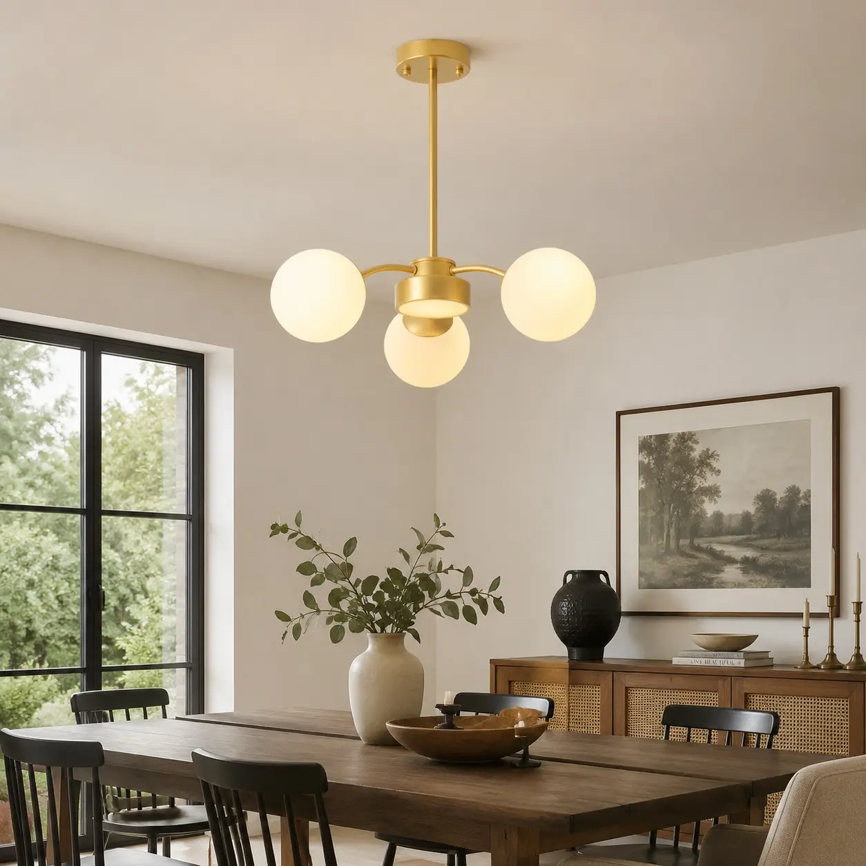 Milk glass chandelier above a modern dining table