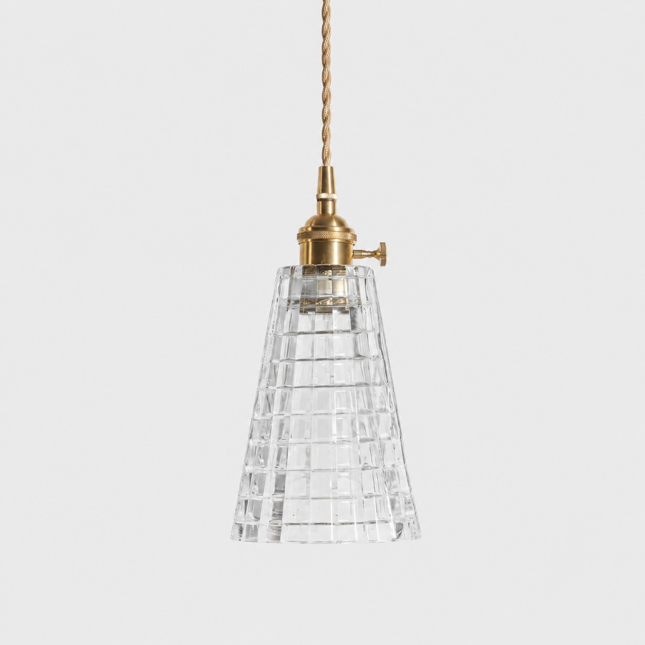 Style F textured glass shade with antique brass E27 socket, front view