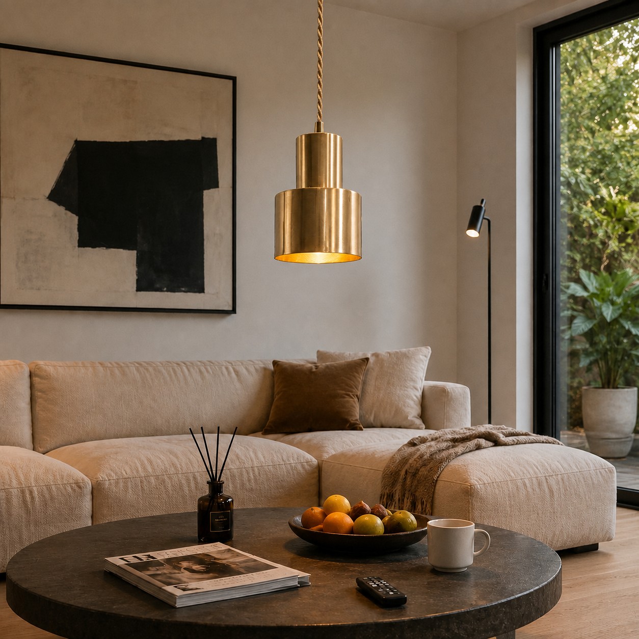 Vintage brass pendant lamp in a contemporary living room
