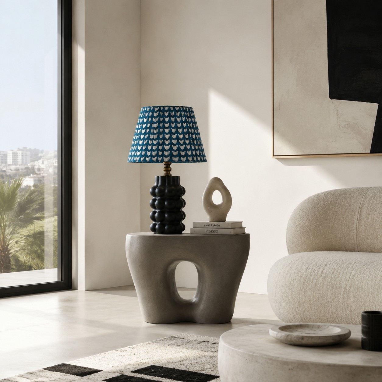 Sculptural ceramic table lamp on a living room side table
