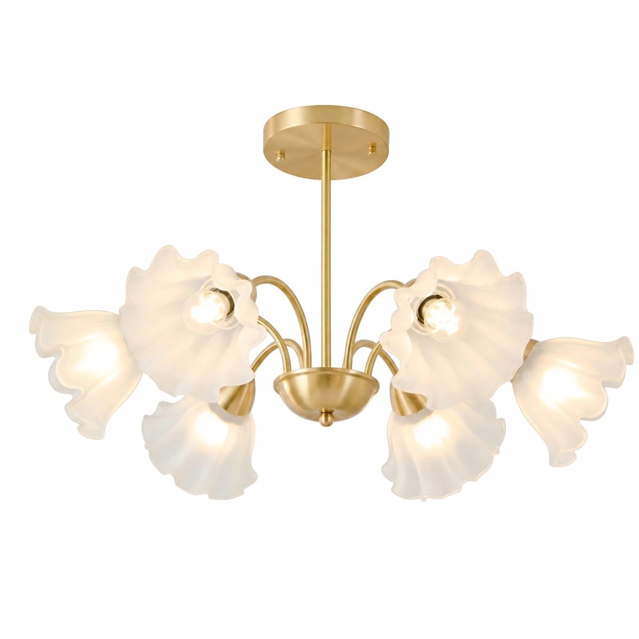 Solid brass six-arm floral glass chandelier on a white background